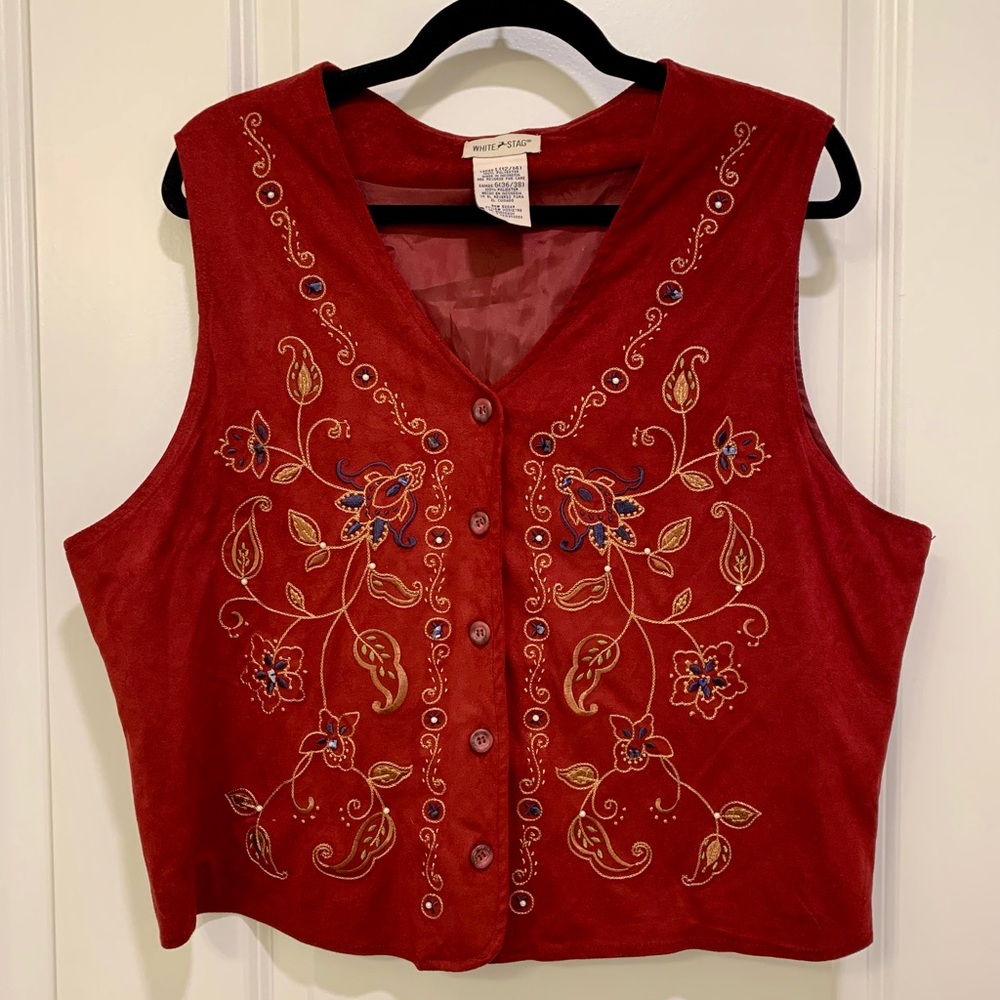 Vintage White Stag Women's Vest in Bordeaux Faux Suede Floral Embroidery Large